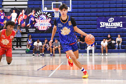 Andrej Stojakovic drives to the basket during the Pangos All-American Camp on June 5, 2022 at the Bishop Gorman High School in Las Vegas, NV.